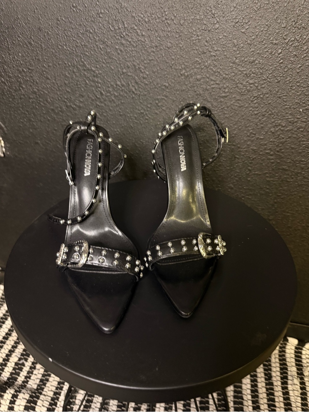 Black Studded Pointed-Toe Ankle Strap Heels